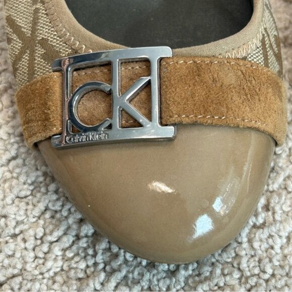 Calvin Klein Paulett camel Tan brown monogram logo patent canvas ballet flats 9 - Picture 3 of 10
